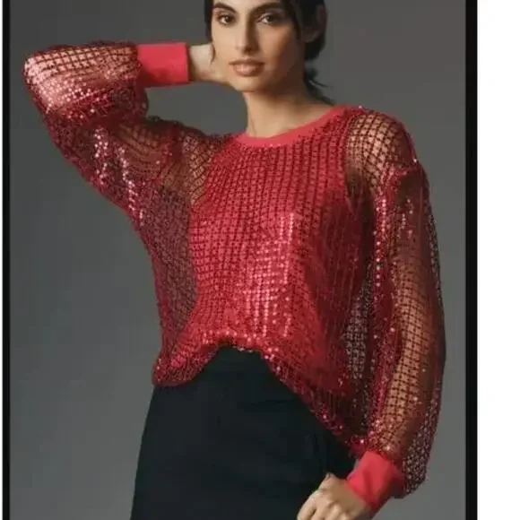 Raspberry Sequin Pilcro Anthropoloie Top XXS - Picture 1 of 10